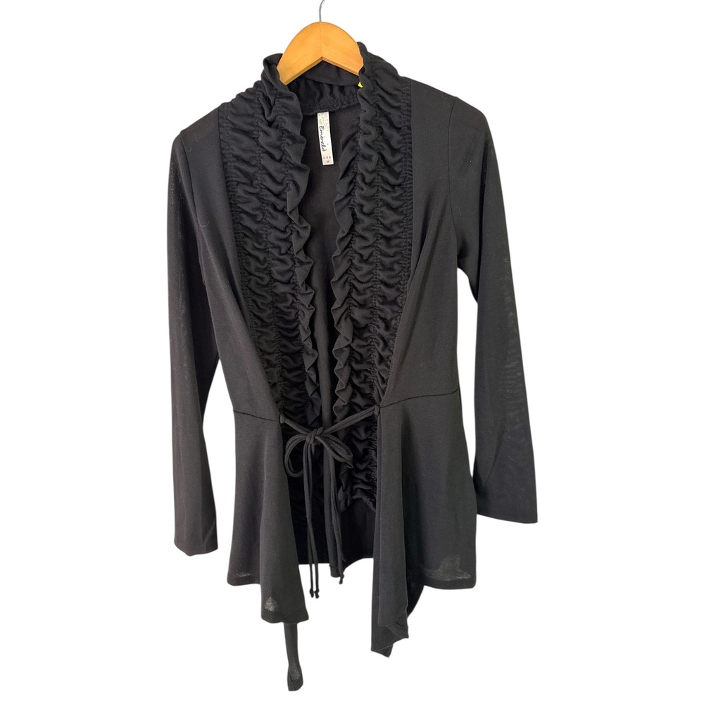 Emerald Ruffle Cardigan Tie Front Lightweight Layering Top‎ Black M Made In USA